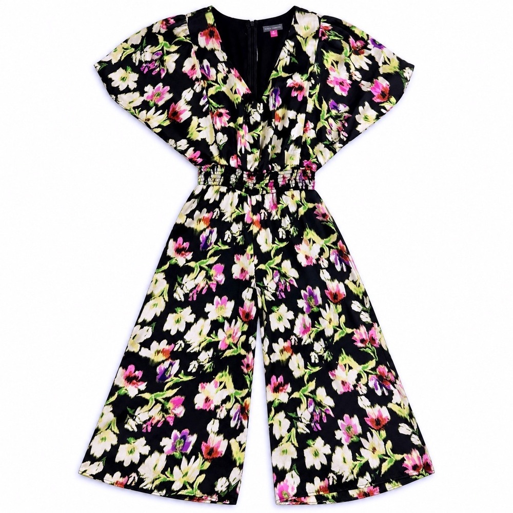 Vince Camuto Black Floral Wide Leg Jumpsuit XS V-Neck Smocked Waist Pockets